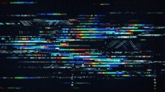 Abstract digital glitch effect with horizontal colorful lines, pixelated noise, and chromatic aberration on a dark background, representing signal interference