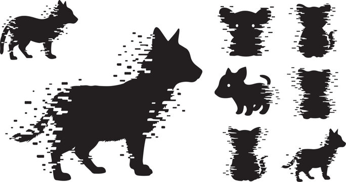 Silhouette of dogs in various poses and sizes