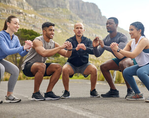 Fototapeta premium Outdoor, friends and people with squat for fitness, workout club and calisthenics training together. Active, leg challenge and happy group with core exercise for wellness, teamwork or support on road