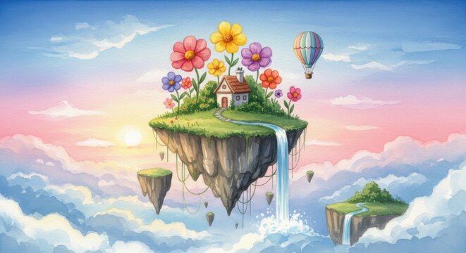 Dreamy Floating Island with Colorful Flowers and Hot Air Balloon