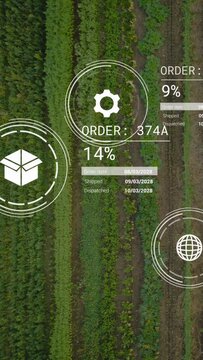 Vertical video: Package icon appearing at right AR HUD sliding over crop rows updating order status