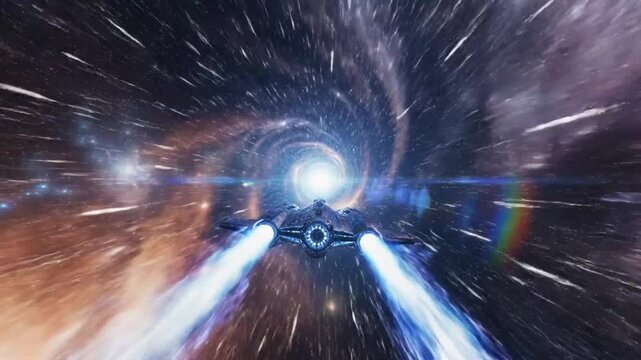 Futuristic spaceship speeding through a wormhole with lightspeed travel creating a dramatic cosmic journey
