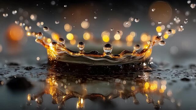 Golden liquid drop forming a brilliant splash crown with bokeh