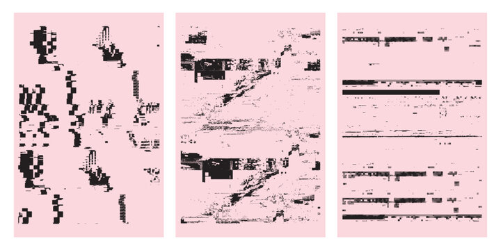 Set of corrupted digital data textures and broken screen graphics.