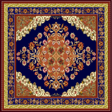 Luxury Persian Carpet with Large Floral Medallion on Navy Blue and Terracotta Field Ornate Arabesque Oriental Rug Square Top View