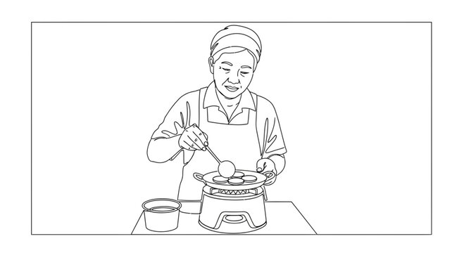 Elderly woman cooking food on a stove, preparing a meal in the kitchen