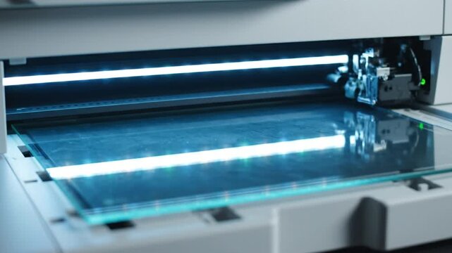Close-up of a digital flatbed scanner scanning a document on a glass surface with bright lights