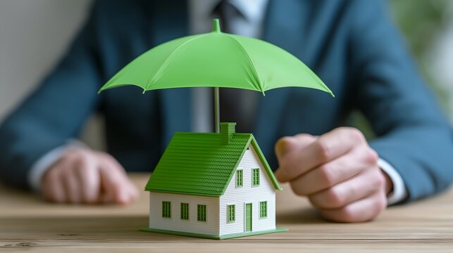 A conceptual image of a miniature house protected by a green umbrella, symbolizing home insurance and financial security in real estate.
