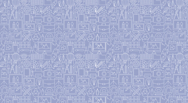 Seamless graphic design pattern background with various creative tools and objects.