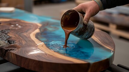 Fototapeta premium A craftsman pours resin onto a wooden surface, creating a stunning blend of colors. The art of resin casting transforms wood into a captivating masterpiece.