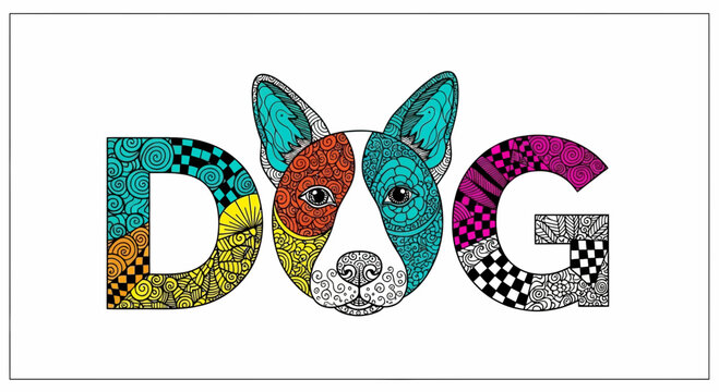 DOG Word Art with Dog Face Illustration, Zentangle Patterns, Colorful Letters