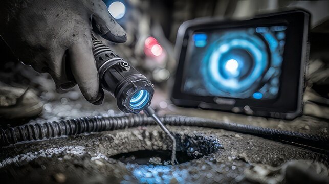 Professional CCTV drain inspection camera used for identifying pipe issues. Industrial borescope or inspection camera.