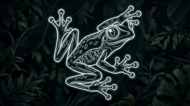 White outline tree frog on dark leafy background with glowing effect