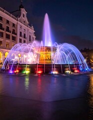 Fototapeta premium A vibrant nighttime scene of a large fountain with colorful lights