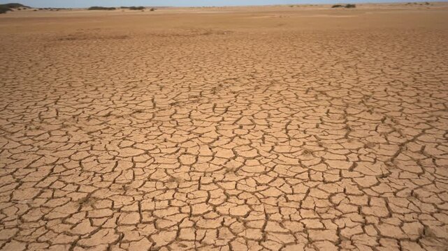 Wide pan across deeply cracked earth featuring a piece of red plastic litter. This impactful B-roll perfectly illustrates severe drought, plastic pollution, and the climate crisis for documentaries.