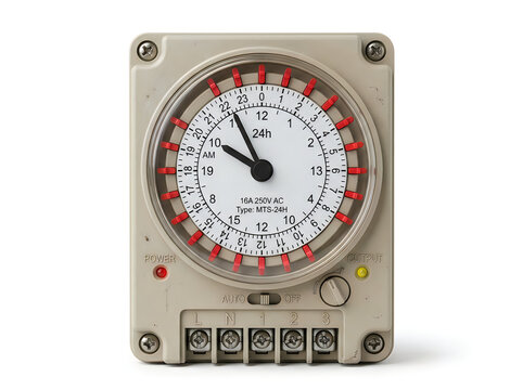 Vintage industrial timer switch with analog display and red markings mounted on white background showcasing precise time control for commercial automation