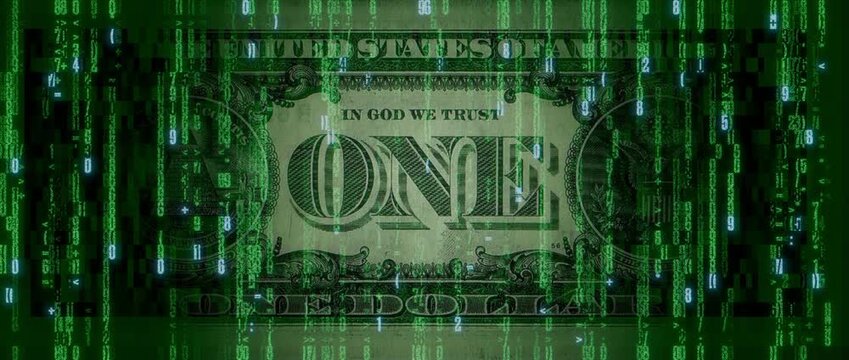Digital Money Concept with One Dollar Bill made from Animated Code. Innovative Banking Background.