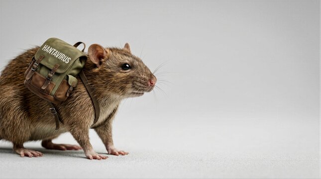 Rat carries backpack with hantavirus label on plain background during indoor shoot blank copy space design