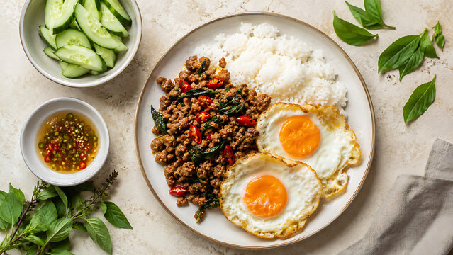 Thai Pad Kra Pao Pork Rice with Two Fried Eggs