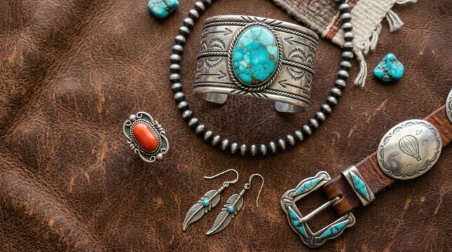 Turquoise Concho Belt and Silver Jewelry Flat Lay on Brown Leather