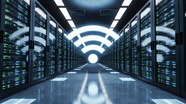 Futuristic Data Center with Servers and Wi-Fi Symbol Leading to Bright Light, Information Technology Concept