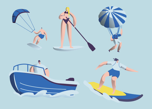 Group of people enjoying water sports like kitesurfing, paddleboarding, parasailing, boating, surfing.