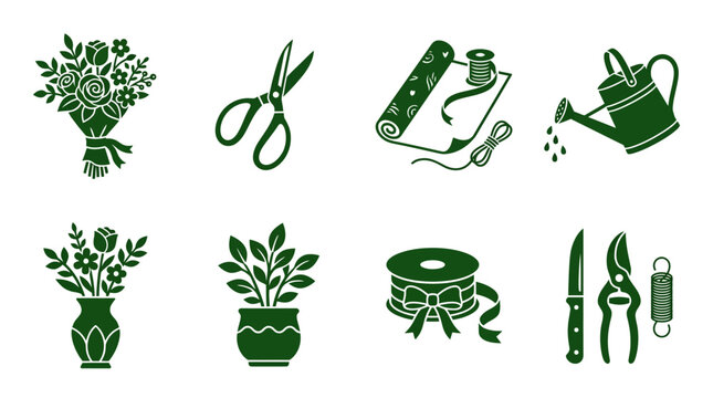 Gardening tools and plant icons.