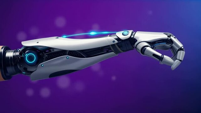 Robotic hand performs grasping movement. Futuristic cybernetic arm with advanced bionic technology. Medical biomechanical prosthesis for healthcare restoration.