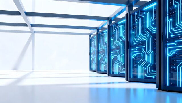 Server room with illuminated circuit panels