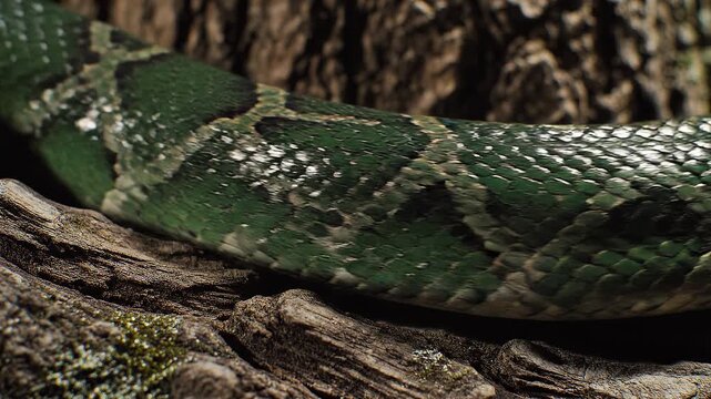 Extreme Macro of Green Python Scales on Tree Bark