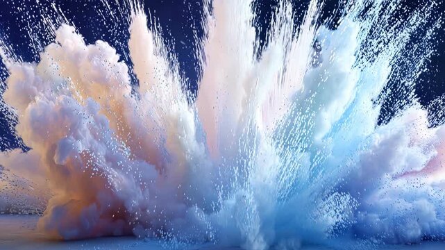 Massive explosion of white and pastel powder in bright studio space