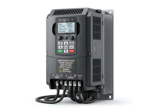 High-performance industrial variable frequency drive with digital display and wiring harness isolated on clean white studio background