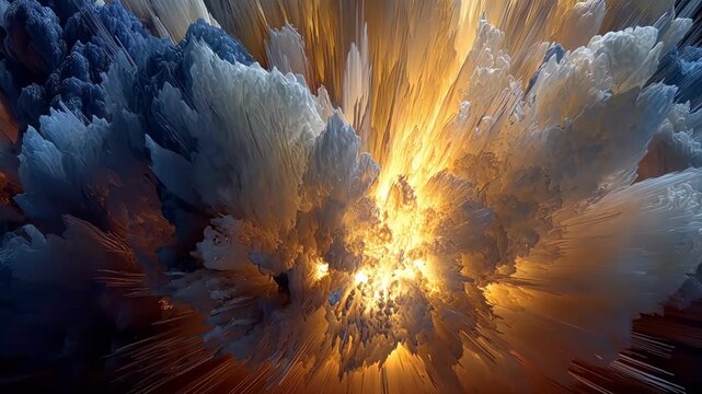 Intense glowing explosion of gold and dark blue smoke in studio