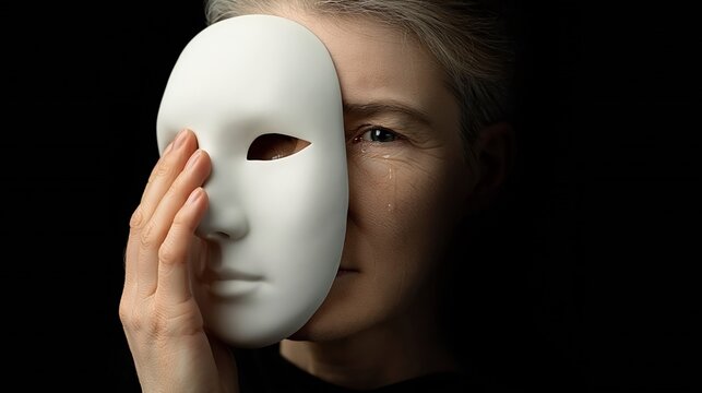 Woman holds white mask near face. Her eye stares with quiet intensity. Shadowed background enhances mystery. Mask conceals identity, reveals emotion. Perfect for themes of hidden truth or disguise