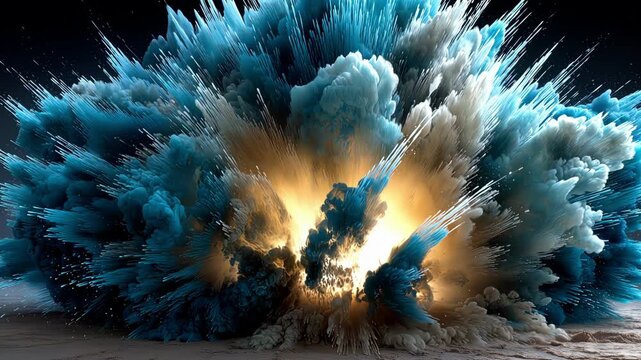 Giant explosion of teal and orange smoke with sharp dust details