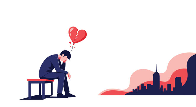 Man sits dejectedly on a bench holding a string attached to a broken heart balloon with a silhouetted city skyline in the far distance.
