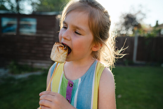 Little girl eating marshmallow on stick in sunny backyard