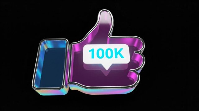 Neon Thumb Up Icon with 100k Followers Celebration Graphic on Black Background