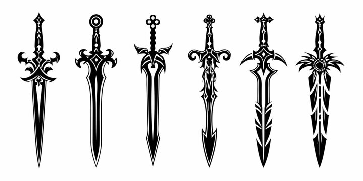 fantasy sword designs black silhouette vector illustration on white background