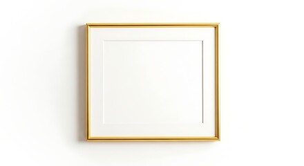 Fototapeta premium Minimalist gold metal photo frame on clean white wall with mat.