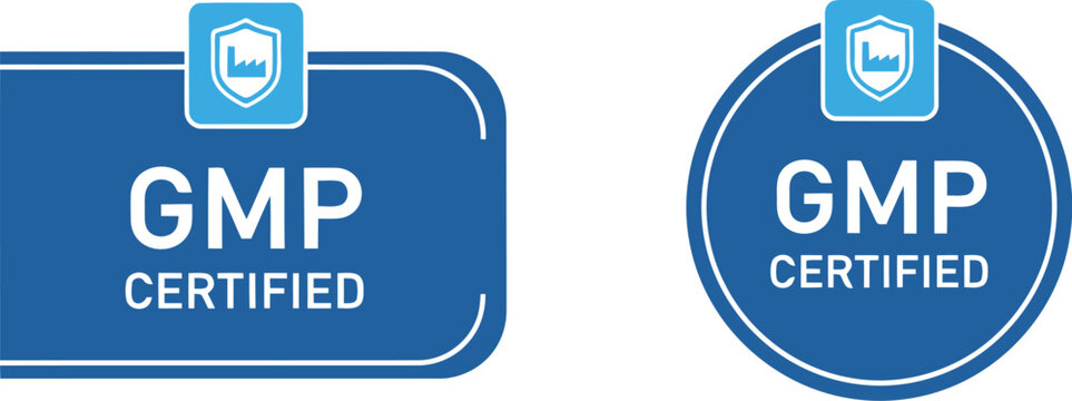 GMP Certified Badge Icons Set &ndash; Blue Quality Assurance Labels for Pharmaceutical and Food Packaging
