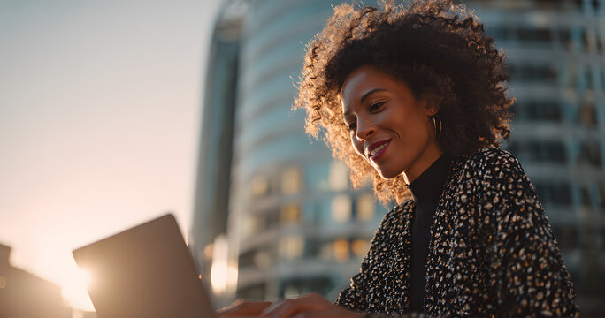 The city is home to a businesswoman who is working remotely with a laptop while typing and copywriting email marketing. An urban town has a happy black person or freelancer who is drafting newsletters