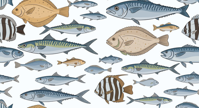 Detailed seamless pattern featuring a variety of realistic fish species like mackerel and flounder for seafood themes.