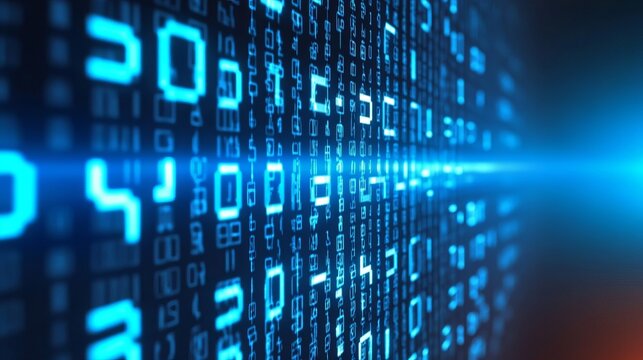 Futuristic cyberspace background with glowing binary code and dynamic light streams effect.