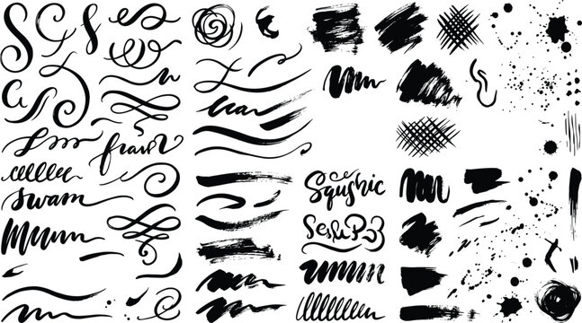 Collection of Vector Line and Texture Patterns Including Straight, Curved, Wavy Lines, Brush Strokes, and Splatter Effects for Design and Illustration Projects