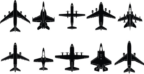 Airplane silhouette collection featuring top view jet aircraft and military planes for aviation design, transport, travel, and aerospace themes © bipul stok