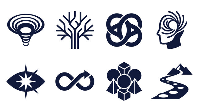 Geometric shapes and abstract symbols.