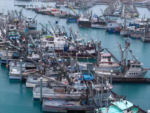 Aerial view of fishing boats docked at the Cordova Harbor and Port Department with masts and rigging under a soft light in Cordova, Alaska, United States.