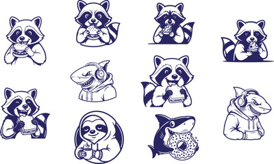Obraz premium Collection of raccoon sloth shark cartoon character drawings with animal character fast food hot dog animal illustration icon set