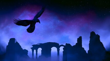 Obraz premium Mystical raven soars above ancient ruins bathed in galactic starlight a breathtaking fantasy scene